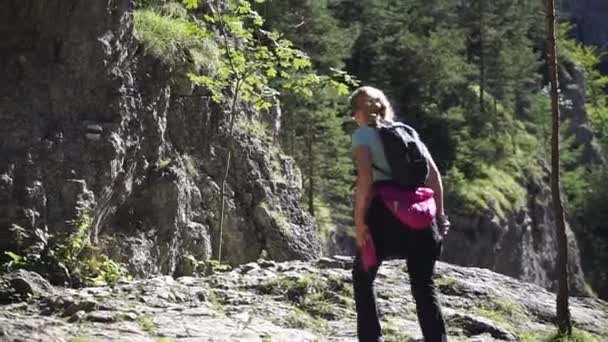 Due Giovani Donne Che Arrampicano Una Montagna Rocciosa Giorno Soleggiato — Video Stock