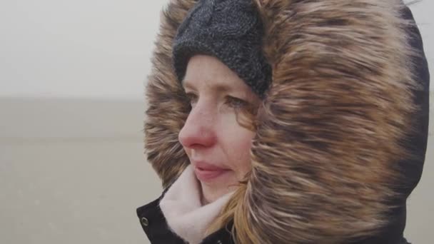 Mujer Joven Parada Viento Paisaje Estéril Protegida Del Frío Helado — Vídeo de stock