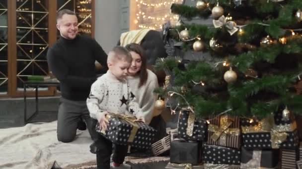 Cute Rodzina Przygotowuje Choinkę Ich Domu Przed Nowym Rokiem Młoda — Wideo stockowe