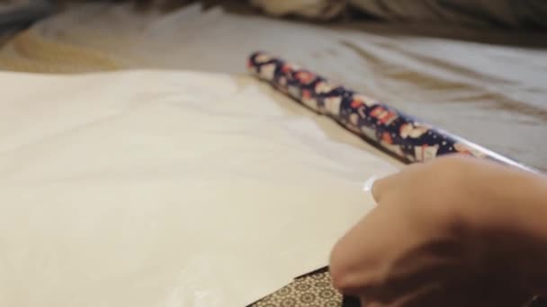 Cutting Gift Wrap Vertically Grain Using Sharp Scissor Close Shot — 비디오