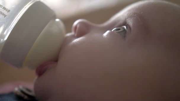 Baby Infant Пьет Молоко Бутылки Глядя Вверх Крупным Планом Fullhd — стоковое видео