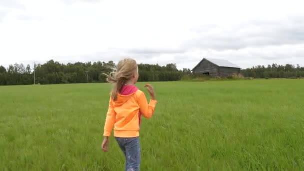 Wolność Wakacji Samotna Blondynka Spacerująca Trawiastym Polu Zbliżająca Się Starej — Wideo stockowe