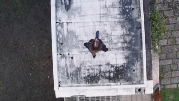 Aerial View Girl Woman Walking Rooftop She Wearing Black Coat — Stock Video