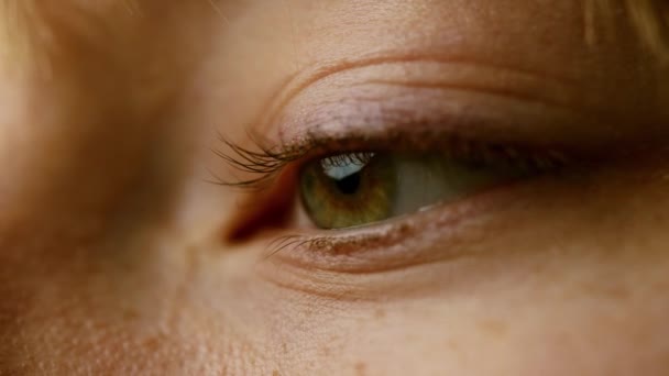 Hermosos Ojos Azules Mirando Una Luz Brillante Mujer Blanca Parpadeando — Vídeo de stock