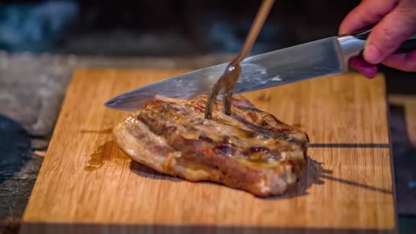 Close Person Slicing Juicy Piece Pork Meat Wood Board Slow — Stock Video