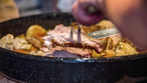 Close Shot Person Putting Slices Pork Cast Iron Pan Meat — Stock Video