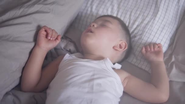 美しいです2歳アジアの幼児のリラックスビデオクリップ快適で深い眠りにつくか 輝く窓で昼寝 — ストック動画