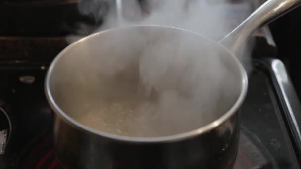 ステンレス製の鍋でお湯を沸かす 閉じるショット — ストック動画