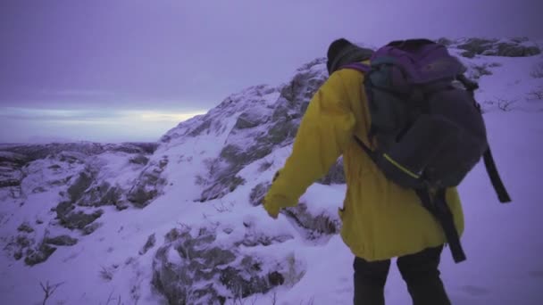 Persona Con Equipo Senderismo Invierno Caminando Nieve Invierno Viaje Senderismo — Vídeos de Stock