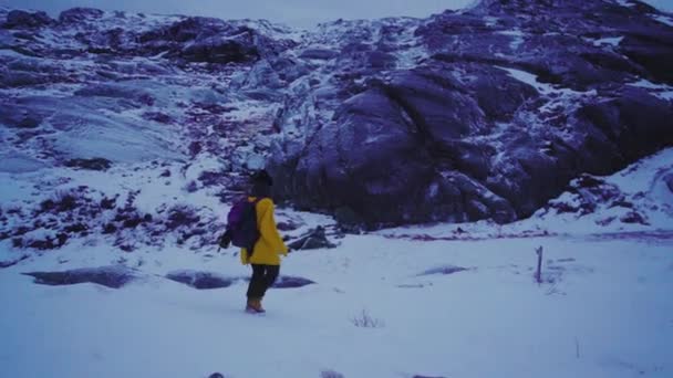 Vandrare Vandrar Snö Ett Snöigt Berg Vintern Vintervandring — Stockvideo