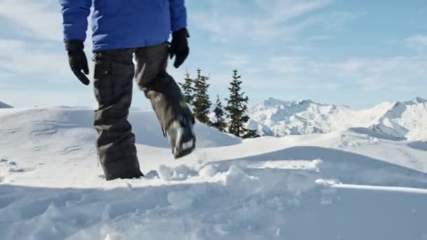 Menino Snowboard Andando Pela Neve Cenário Alpino — Vídeo de Stock