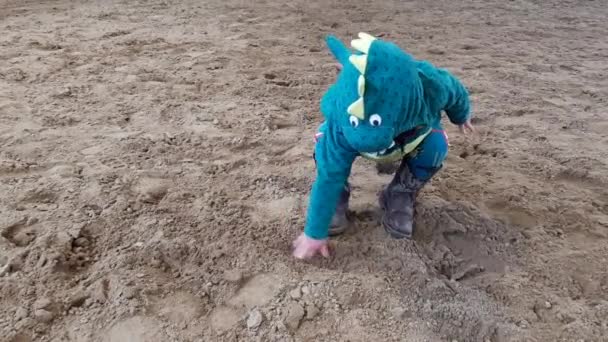 Criança Traje Dinossauro Botas Vaqueiro Jogando Areia — Vídeo de Stock