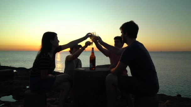 Silhouetten Van Vrienden Toasten Met Bier Het Strand Bij Zonsondergang — Stockvideo