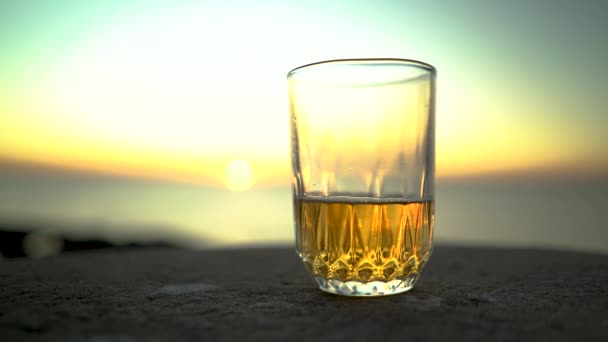 Primer Plano Mano Del Hombre Tomando Vaso Cerveza Playa Atardecer — Vídeo de stock