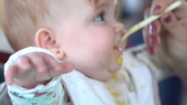 Uma Criança Faminta Está Sendo Alimentada Com Colher Comida Bebê — Vídeo de Stock