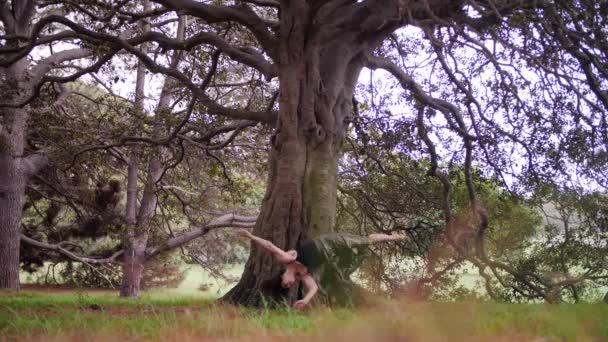 Uma Mulher Descalça Vestido Preto Graciosamente Fazendo Salto Mortal Centennial — Vídeo de Stock