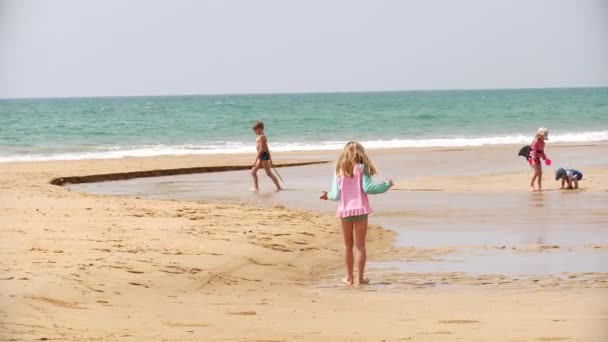 Kinder Spielen Sonnigen Tagen Strand Dolly Out — Stockvideo