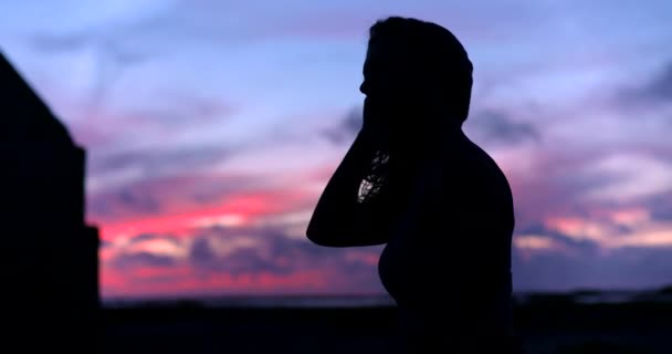 Silhouette Femme Avec Ciel Rose Couchant Coloré Fond Flou — Video