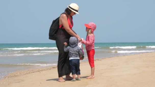 Mom Walks Children Beach Slow Motion Stock Footage
