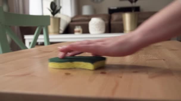 Mulher Esfregando Mesa Jantar Com Produtos Químicos Limpeza Esponja Verde — Vídeo de Stock