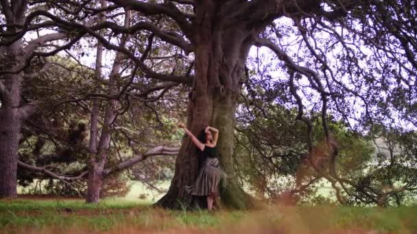 Una Bailarina Descalza Mostrando Flexibilidad Actuación Corazón Los Bosques Pino — Vídeos de Stock