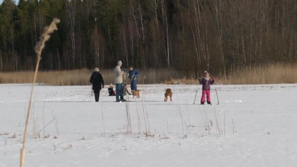 Multi generation family enjoying winter activities, sunny day on snowy frozen lake