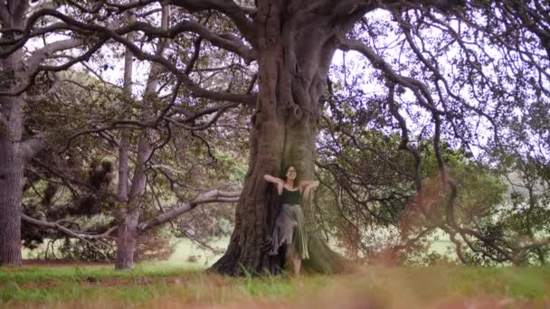 Eine Frau Schwarzen Kleid Lehnt Fröhlich Einem Baum Posieren Weitschuss — Stockvideo