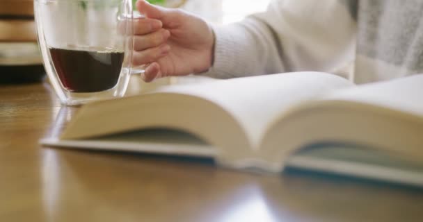 Una Joven Que Lee Libro Casa Disfruta Una Taza Café — Vídeos de Stock