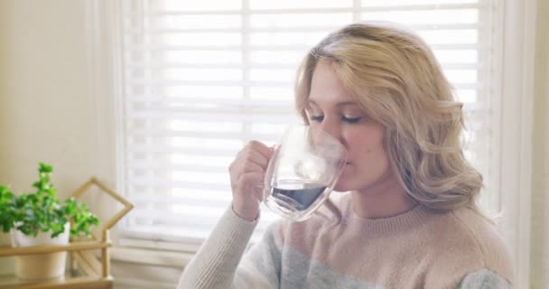 Uma Jovem Mulher Loira Atraente Gosta Beber Uma Xícara Café — Vídeo de Stock