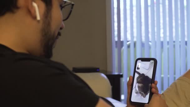 Jeune Homme Latino Regardant Son Chat Téléphone Connectant Avec Famille — Video