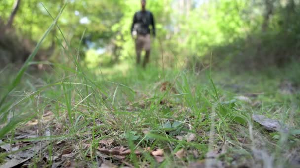 Angle Bas Randonneur Marchant Dans Les Bois Mouvement Lent — Video