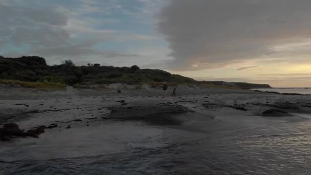 Воздушная Съемка Вращающаяся Вокруг Семьи Стоящей Южном Пляже Наблюдая Восходом — стоковое видео