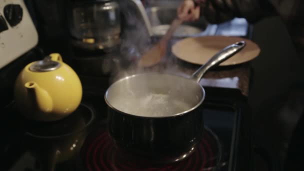 Cooking Delicious Dumplings Deep Stainless Pan Boiling Water Stove Closeup — Stock Video