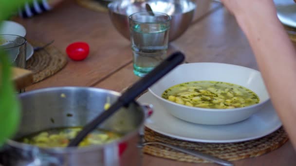 スープに味のための少し唐辛子を入れて健康を維持する 閉じる — ストック動画