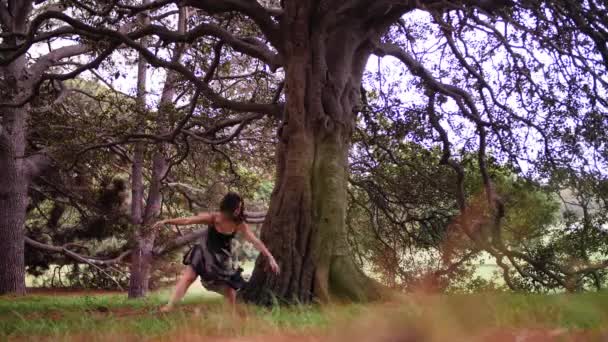 Chutes Spin Mulher Dançando Com Árvore Enorme Como Fundo Épico — Vídeo de Stock