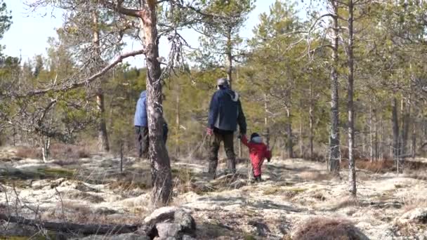 Multi Generation Family Walking Barren Forest Landscape — Stock Video