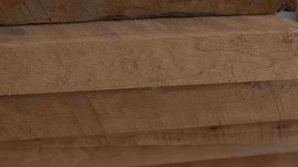 Uma Pilha Tábuas Madeira Corte Fresco Close Mostrando Rastreamento Textura — Vídeo de Stock