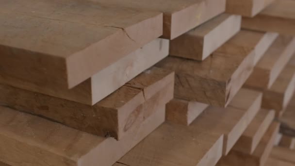 Holz Stapelt Sich Einer Holzhandlung Kamera Gleitet Langsam Aus Nächster — Stockvideo