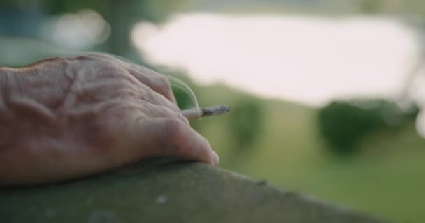 Närbild Solbränd Mans Hand Med Cigarett Bakgården — Stockvideo