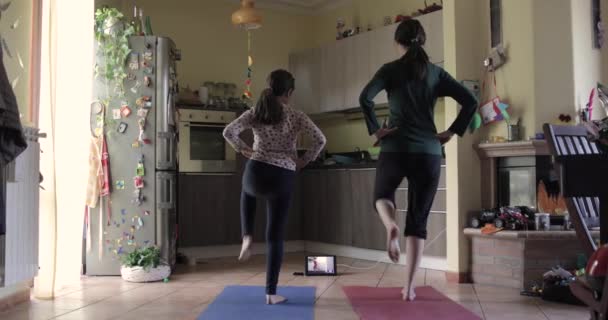 Mor Och Dotter Gör Yoga Övningar Färgade Mattor Hemma Karantänen — Stockvideo