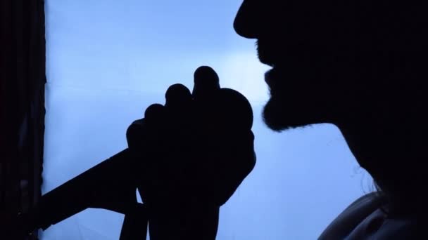 Silhouet Van Een Mannelijke Zanger Die Microfoon Een Standaard Houdt — Stockvideo