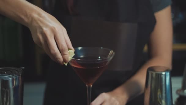 Bartender Förbereder Martini Glidande Färsk Kalk Runt Kanten Glas — Stockvideo