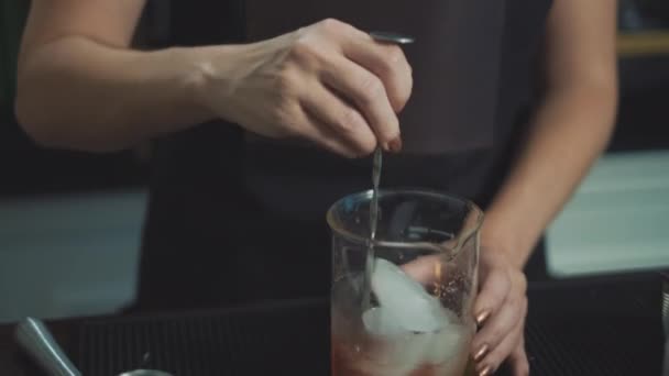 魅力的な女性バーテンダーがカクテルを準備酒をかき立てるように傾ける — ストック動画
