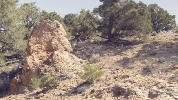 Tiro Sartén Siguiendo Ciclista Montaña Mientras Avanza Por Sendero Empinado — Vídeo de stock