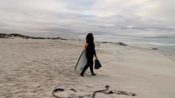 Mädchen Mit Bodyboard Und Neoprenanzug Geht Den Strand Hinunter Zum — Stockvideo