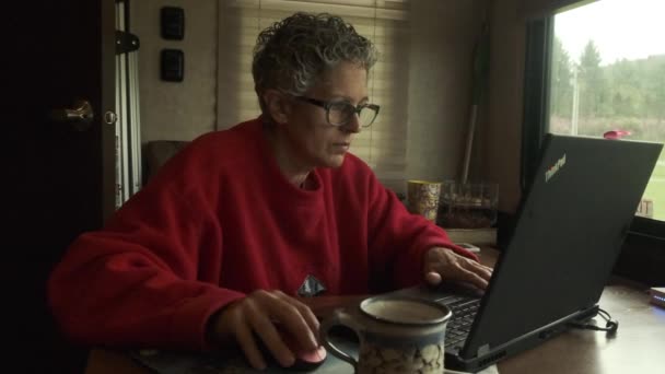 Mulher Caucasiana Trabalha Laptop Coloca Mãos Boca Dentro Campista Retrato — Vídeo de Stock
