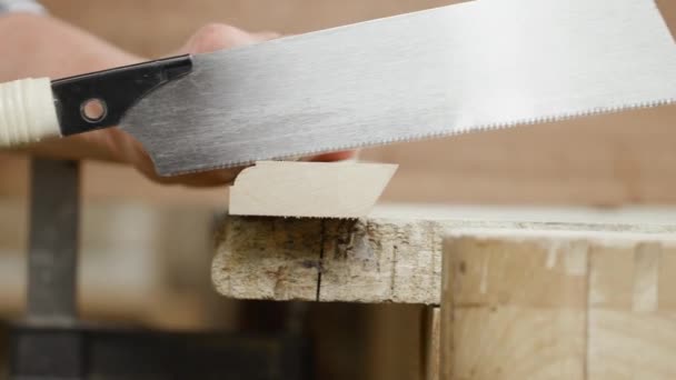 Side View Close Hand Saw Cutting End Piece Shorten Batten — Stok Video