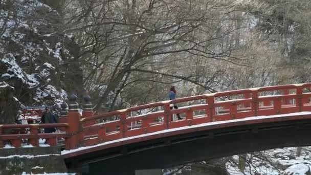 Tracciamento Una Giovane Donna Solitaria Che Attraversa Ponte Shinkyo Giappone — Video Stock