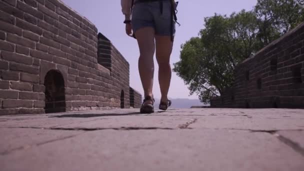 Mujer Caminando Gran Muralla China Lejos Cámara — Vídeos de Stock