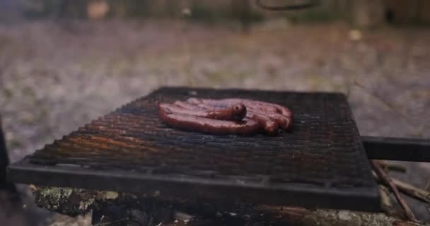 Closeup Cârnați Fiind Gătite Foc Tabără — Videoclip de stoc